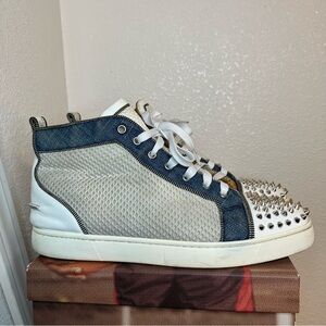 Christian Louboutin Denim and White Studded Sneakers Men’s Spikes Red Bottoms